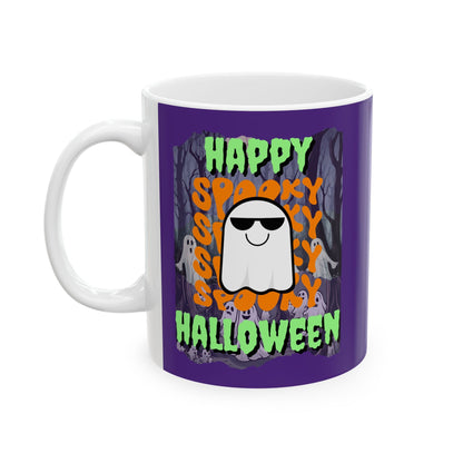 Spooky Happy Halloween Ghost GNfont Purple Mug by cypherpunkgear – cypherpunkgear.com | Cypherpunk Merch
