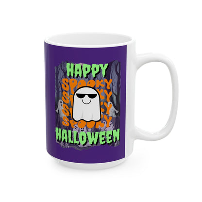Spooky Happy Halloween Ghost GNfont Purple Mug by cypherpunkgear – cypherpunkgear.com | Cypherpunk Merch