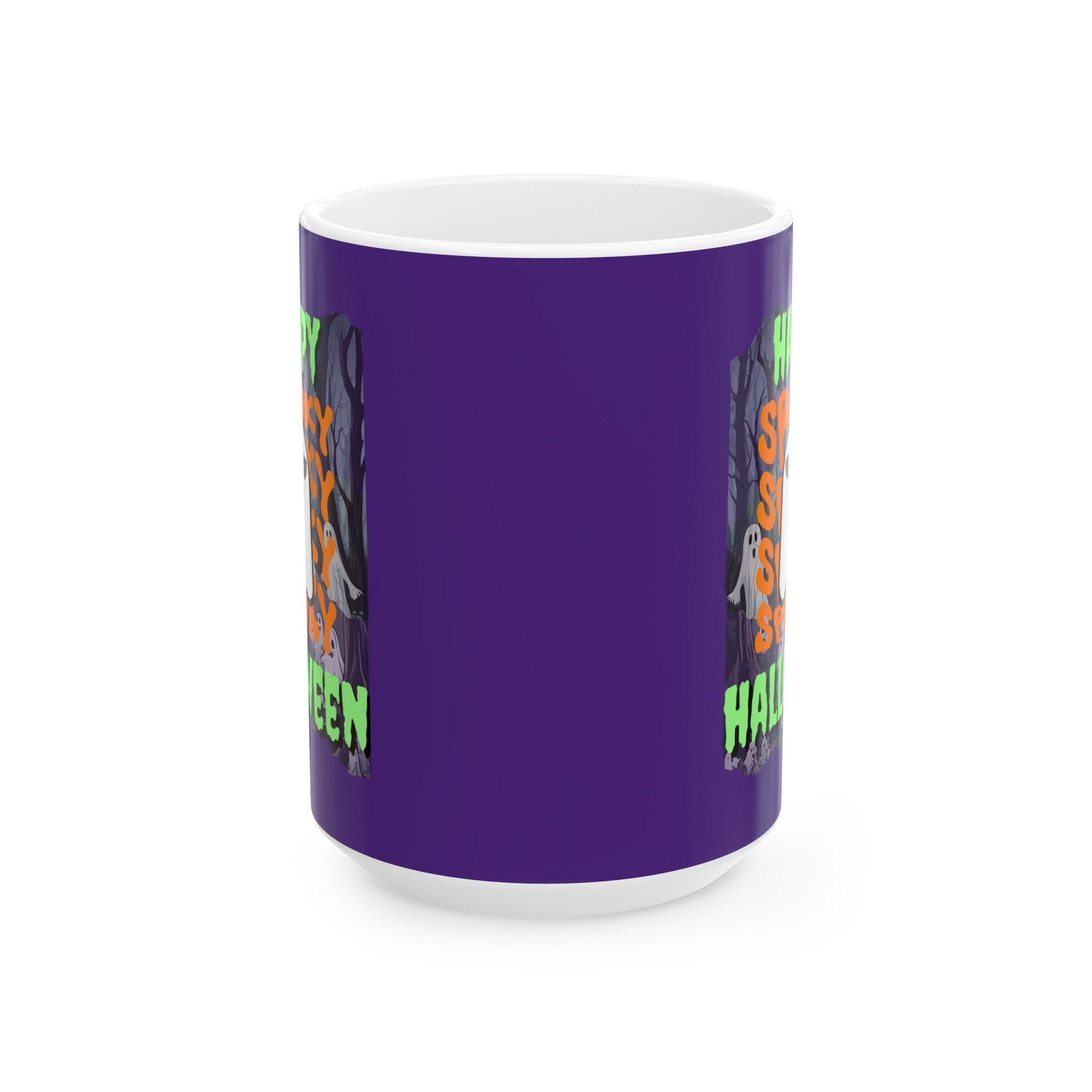 Spooky Happy Halloween Ghost GNfont Purple Mug by cypherpunkgear – cypherpunkgear.com | Cypherpunk Merch