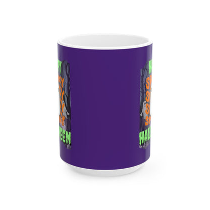 Spooky Happy Halloween Ghost GNfont Purple Mug by cypherpunkgear – cypherpunkgear.com | Cypherpunk Merch