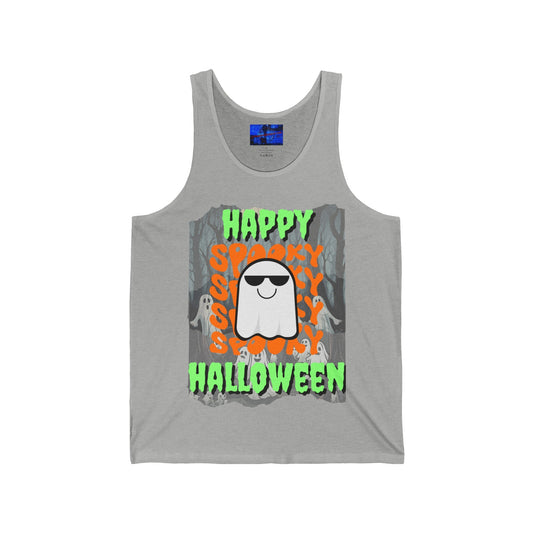 Spooky Happy Halloween Ghost GNfont Unisex Jersey Tank Top by cypherpunkgear – cypherpunkgear.com | Cypherpunk Merch