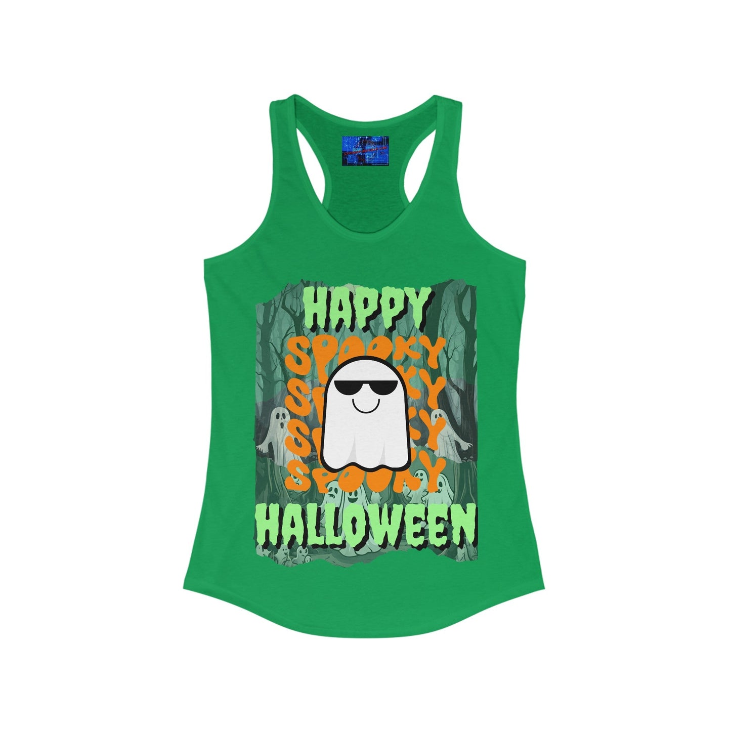 Spooky Happy Halloween Ghost GNfont Women's Racerback Tank Top by cypherpunkgear – cypherpunkgear.com | Cypherpunk Merch