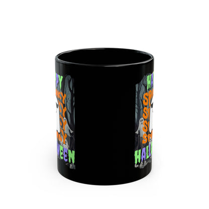 Spooky Happy Halloween Ghost MXfont Black Mug by cypherpunkgear – cypherpunkgear.com | Cypherpunk Merch