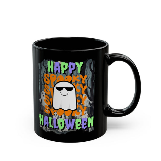 Spooky Happy Halloween Ghost MXfont Black Mug by cypherpunkgear – cypherpunkgear.com | Cypherpunk Merch