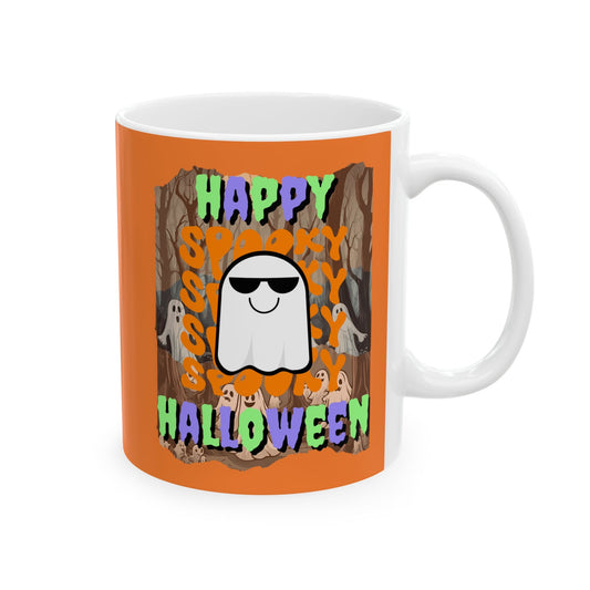 Spooky Happy Halloween Ghost MXfont Orange Mug by cypherpunkgear – cypherpunkgear.com | Cypherpunk Merch