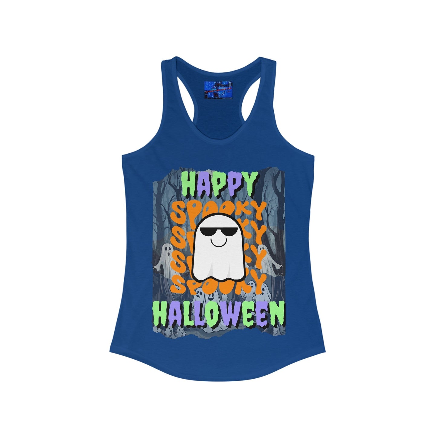 Spooky Happy Halloween Ghost MXfont Women's Racerback Tank Top by cypherpunkgear – cypherpunkgear.com | Cypherpunk Merch