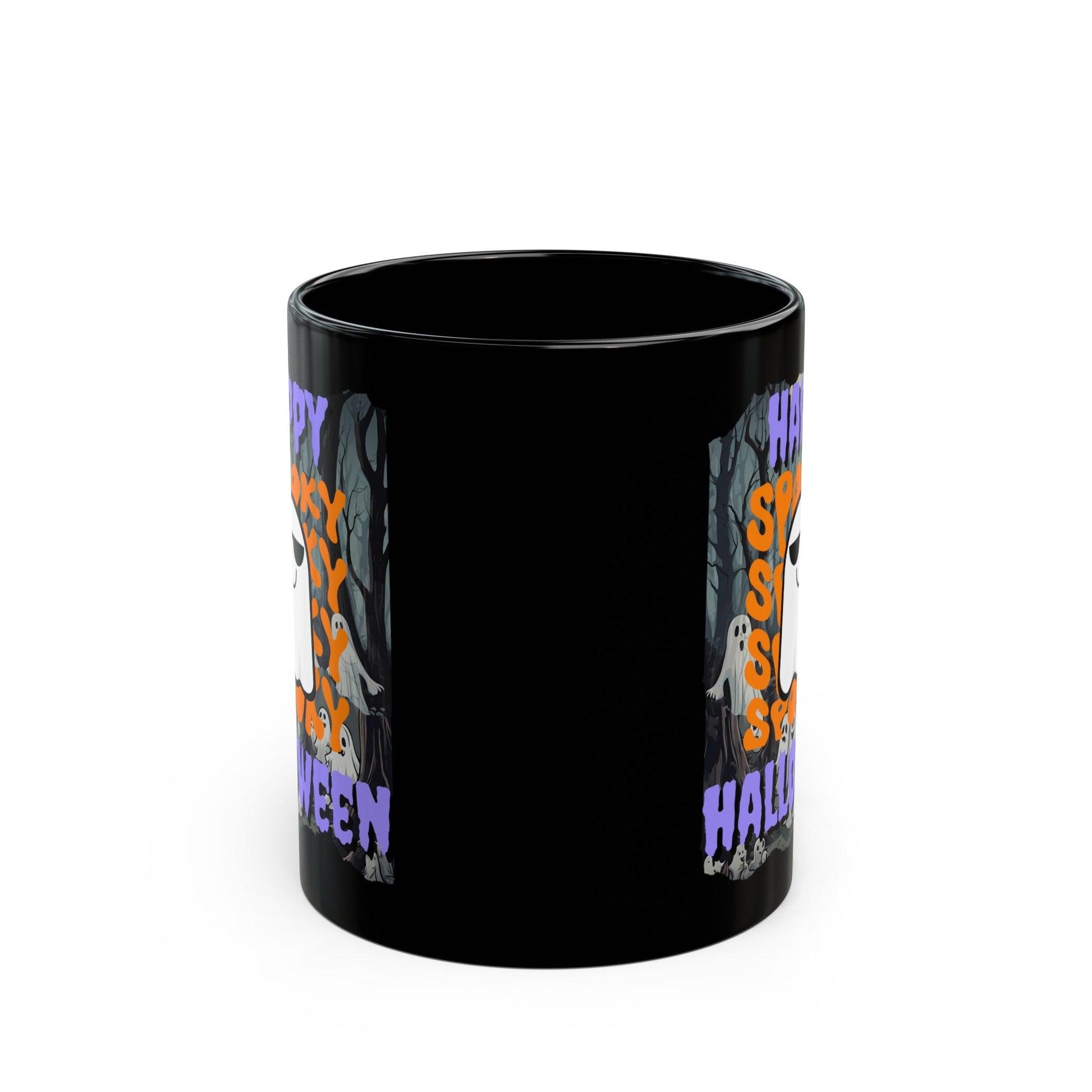 Spooky Happy Halloween Ghost PRfont Black Mug by cypherpunkgear – cypherpunkgear.com | Cypherpunk Merch