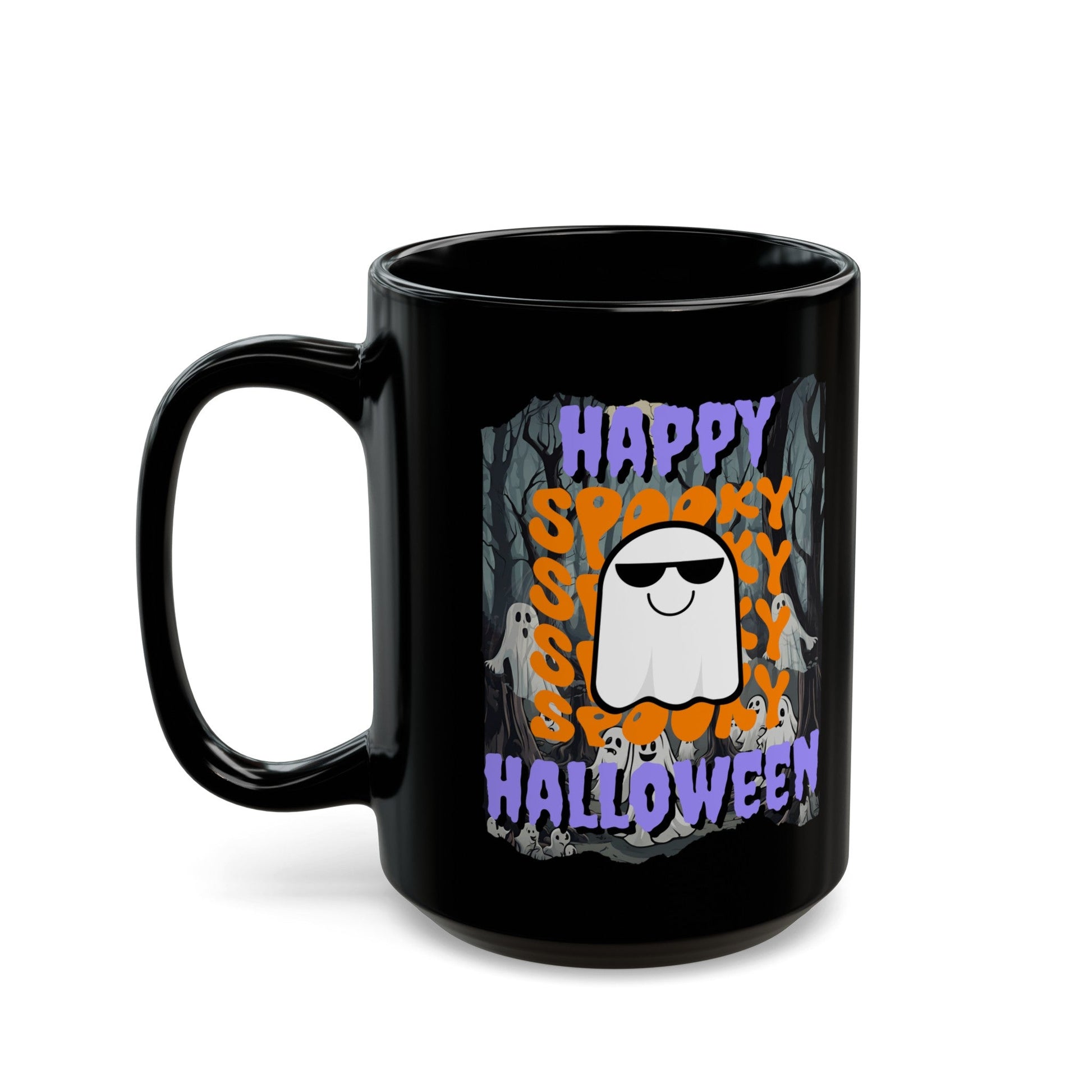 Spooky Happy Halloween Ghost PRfont Black Mug by cypherpunkgear – cypherpunkgear.com | Cypherpunk Merch