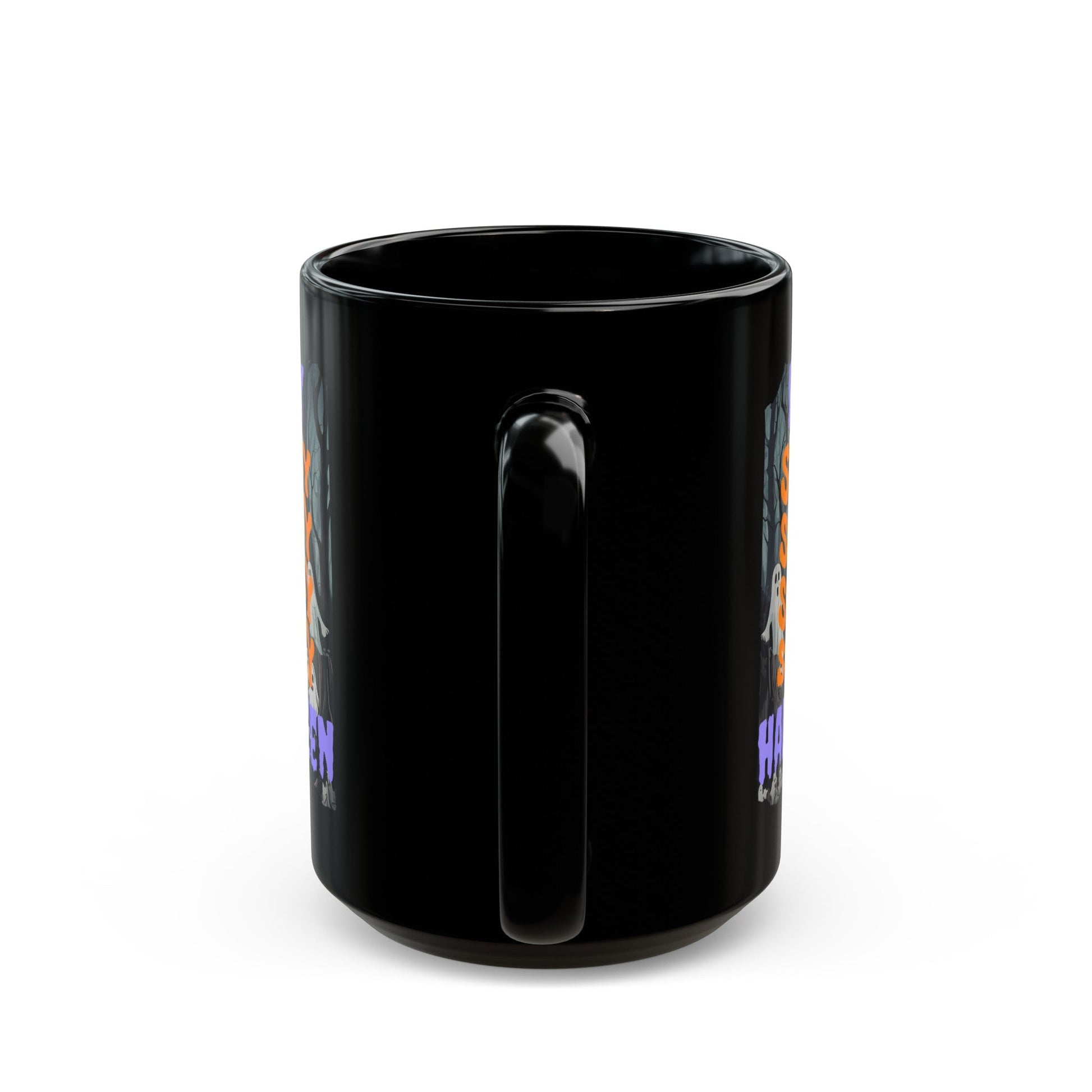 Spooky Happy Halloween Ghost PRfont Black Mug by cypherpunkgear – cypherpunkgear.com | Cypherpunk Merch