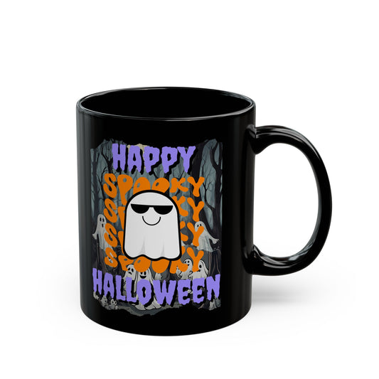 Spooky Happy Halloween Ghost PRfont Black Mug by cypherpunkgear – cypherpunkgear.com | Cypherpunk Merch
