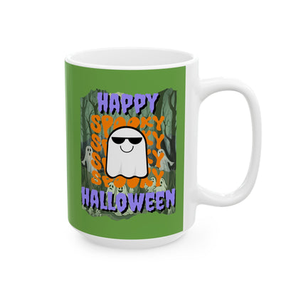 Spooky Happy Halloween Ghost PRfont Green Mug by cypherpunkgear – cypherpunkgear.com | Cypherpunk Merch