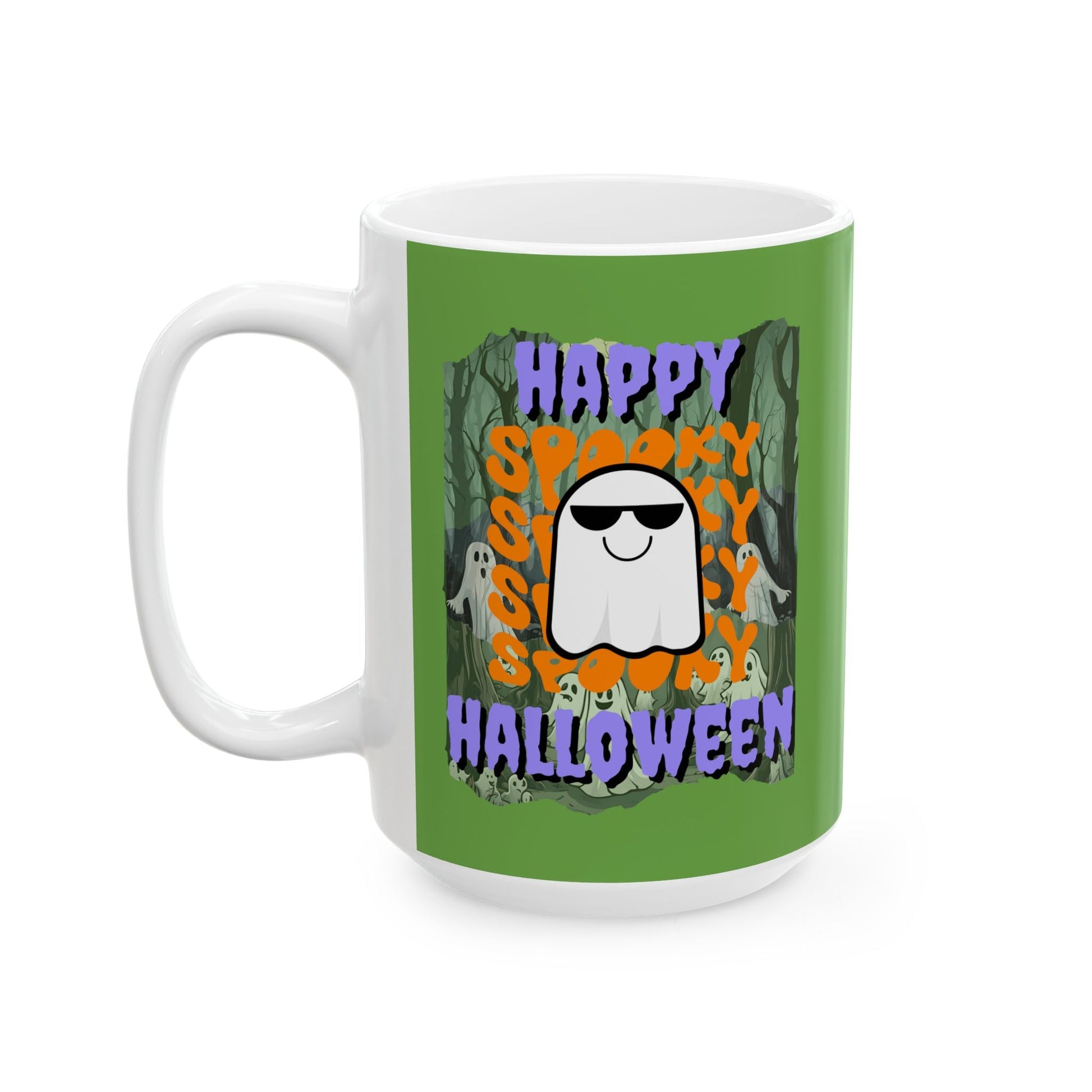 Spooky Happy Halloween Ghost PRfont Green Mug by cypherpunkgear – cypherpunkgear.com | Cypherpunk Merch