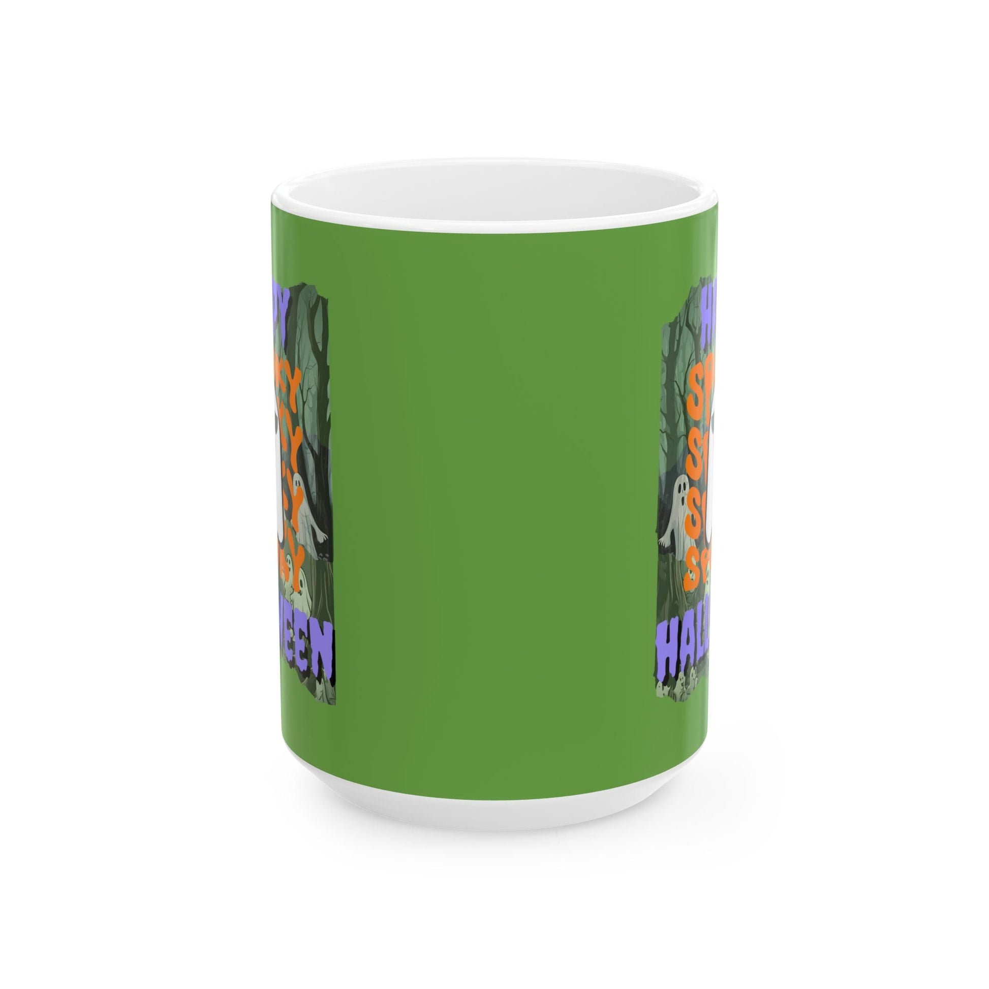 Spooky Happy Halloween Ghost PRfont Green Mug by cypherpunkgear – cypherpunkgear.com | Cypherpunk Merch
