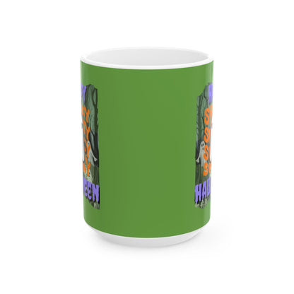 Spooky Happy Halloween Ghost PRfont Green Mug by cypherpunkgear – cypherpunkgear.com | Cypherpunk Merch