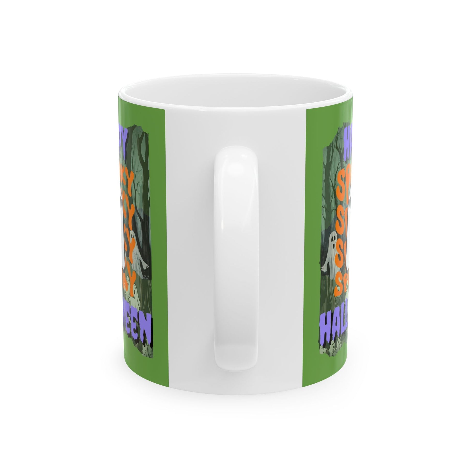 Spooky Happy Halloween Ghost PRfont Green Mug by cypherpunkgear – cypherpunkgear.com | Cypherpunk Merch