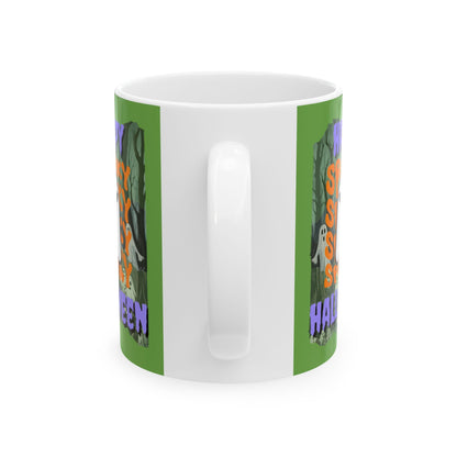 Spooky Happy Halloween Ghost PRfont Green Mug by cypherpunkgear – cypherpunkgear.com | Cypherpunk Merch