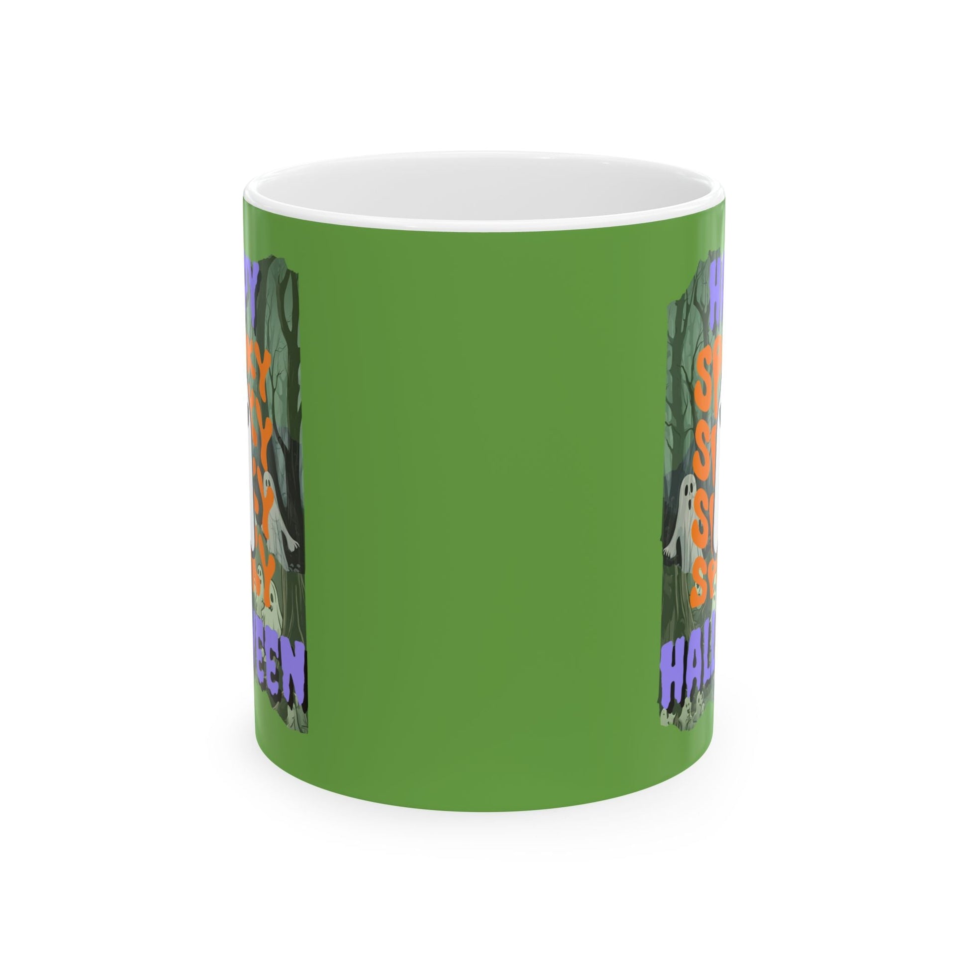 Spooky Happy Halloween Ghost PRfont Green Mug by cypherpunkgear – cypherpunkgear.com | Cypherpunk Merch