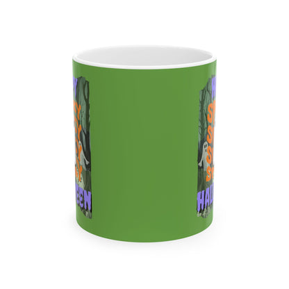 Spooky Happy Halloween Ghost PRfont Green Mug by cypherpunkgear – cypherpunkgear.com | Cypherpunk Merch