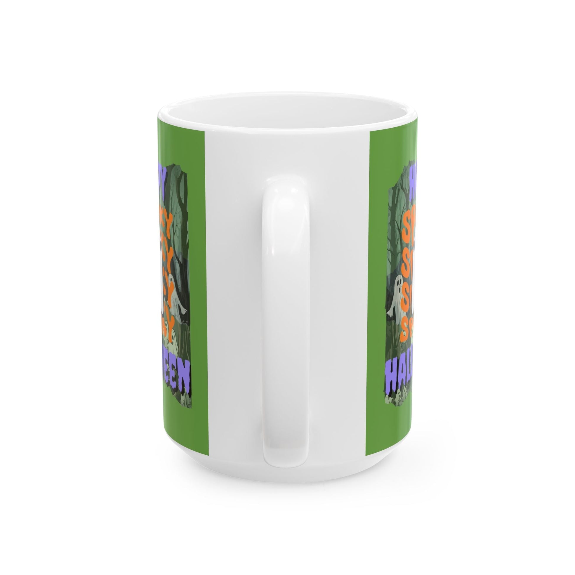 Spooky Happy Halloween Ghost PRfont Green Mug by cypherpunkgear – cypherpunkgear.com | Cypherpunk Merch