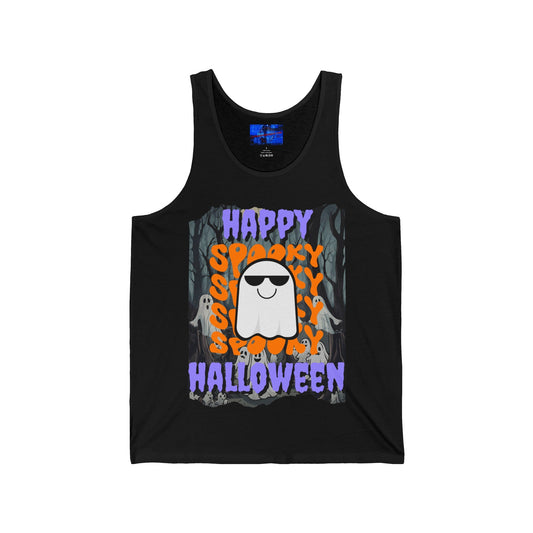 Spooky Happy Halloween Ghost PRfont Unisex Jersey Tank Top by cypherpunkgear – cypherpunkgear.com | Cypherpunk Merch