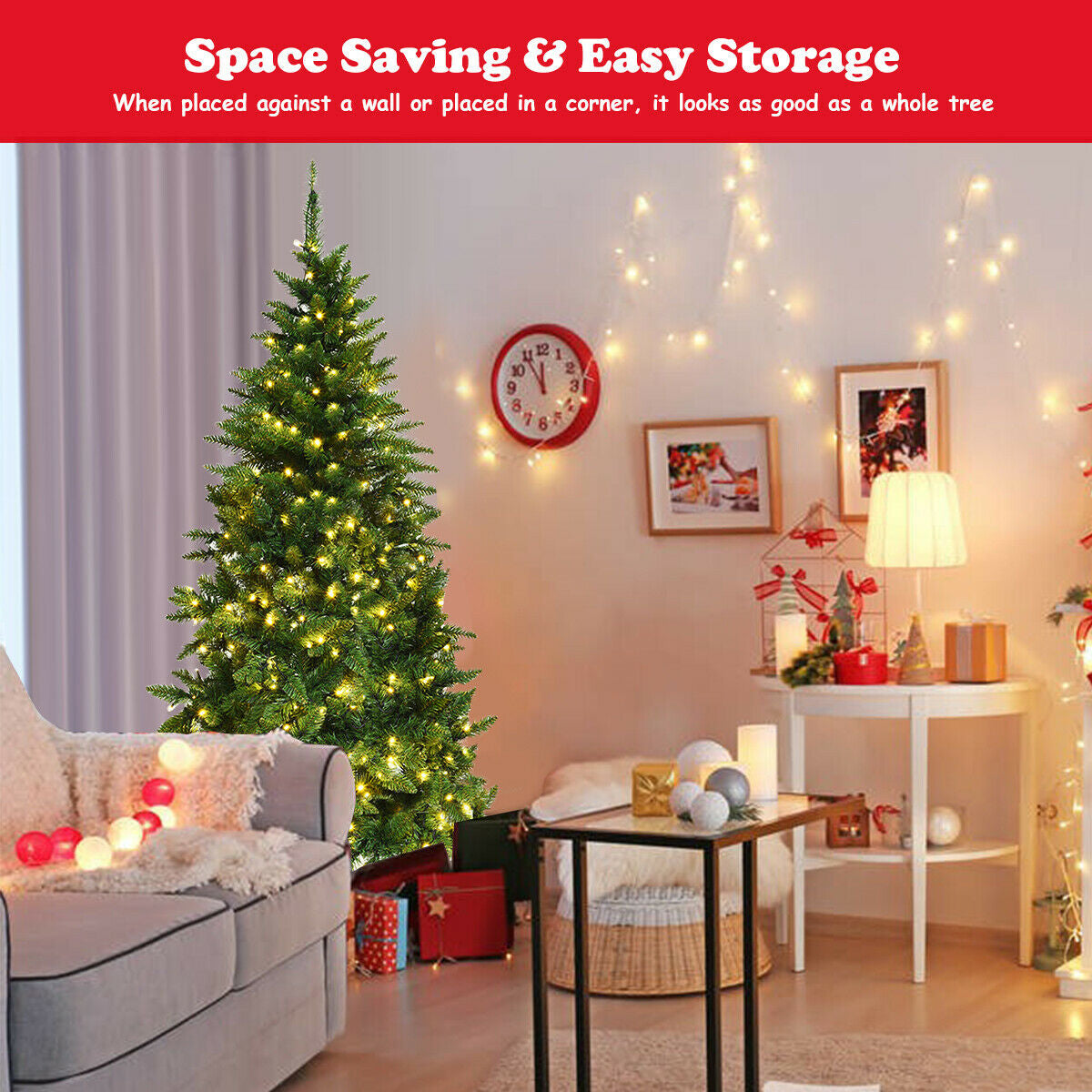 Pre-Lit Artificial Half National Christmas Tree with 8 Flash Modes