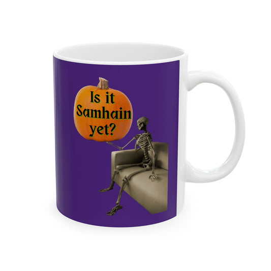 Waiting for Samhain Skeleton Purple Mug by cypherpunkgear – cypherpunkgear.com | Cypherpunk Merch